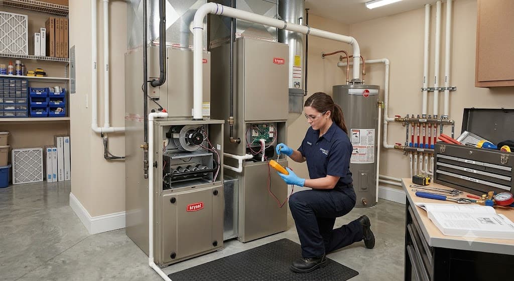 Technician servicing heating and cooling equipment