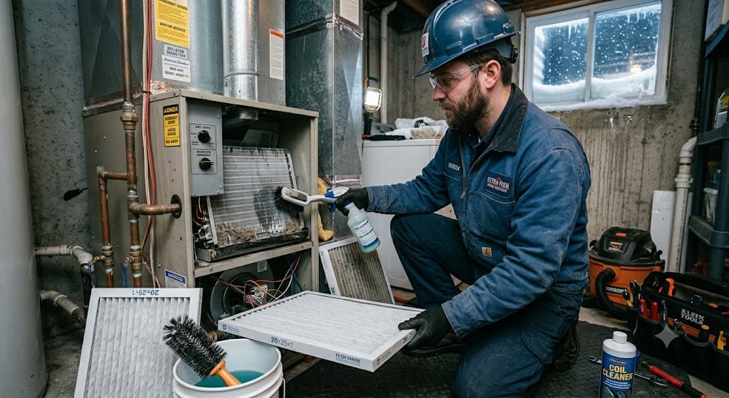 Technician servicing heating and cooling equipment